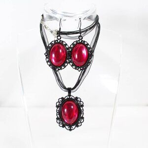 Hot Pink Obsidian Gothic Cameo Set Earrings & Black Ribbon Necklace